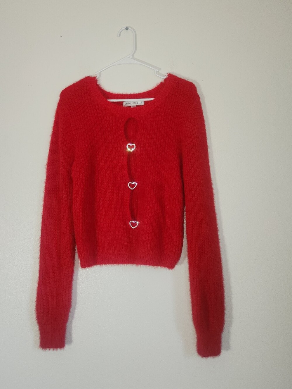 Women's Madden Girl Red Heart-Button Fuzzy Knit Sweater